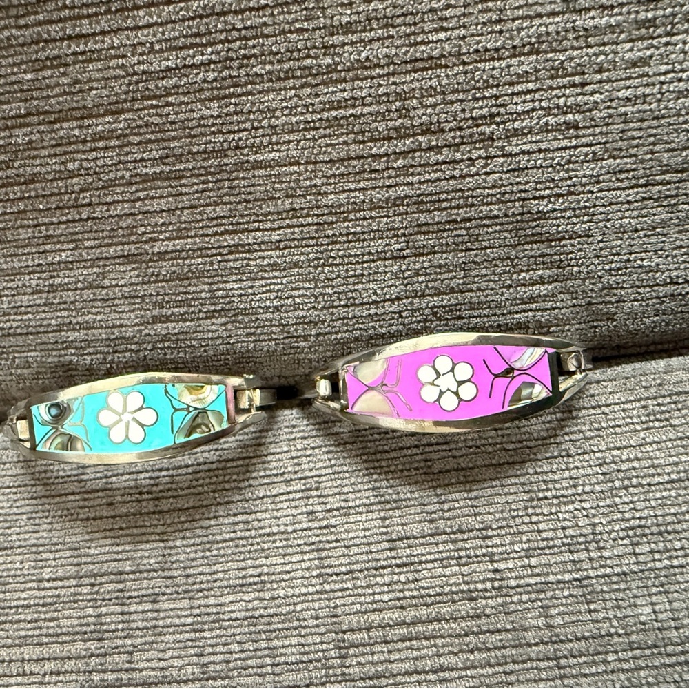 Pair Pearl Vintage Sterling Silver 925 Mexico Taxco Abalone Bracelets Latch Hook